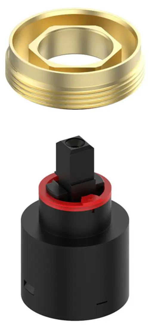 Zwei Teile einer Mischwasserkartusche von Keuco. Oben ein goldfarbener Dichtungsring, unten ein schwarzes Gehäuse mit rotem Element und quadratischem Anschluss.